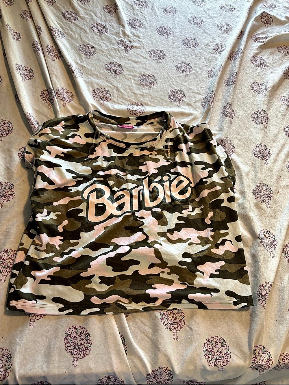 Barbie Camo Graphic Short Sleeve Top in Green & Pink new